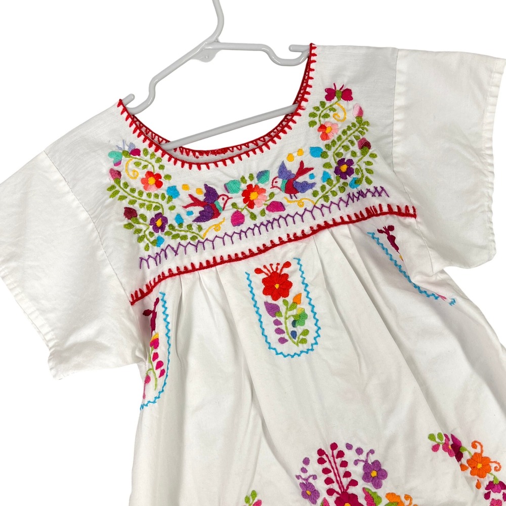 Vintage 90s Unbranded Mexican Embroidered Dress Girls XS Cottagecore Boho Folk